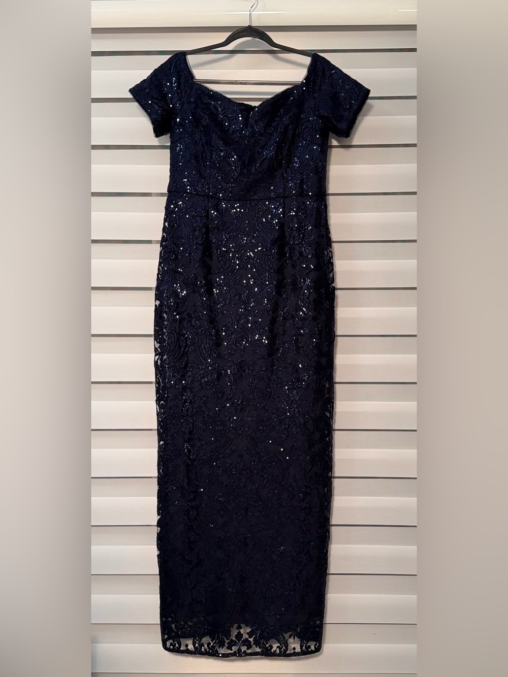 Adrianna Papell Navy Sequin Lace Formal Gown Size 14